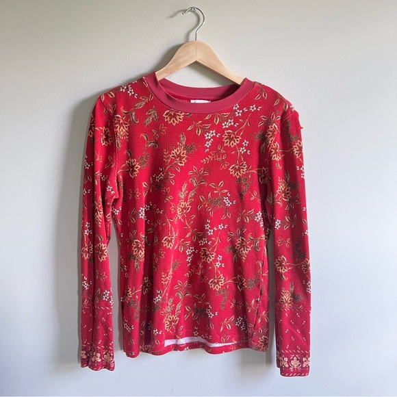 Sundance Thermal Top Large Waffle Knit Black Floral Velvet Button Cuffs - Picture 1 of 8
